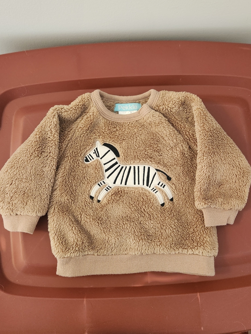 Pekkle Cozy Zebra Appliqué Fleece Sweatshirt - Tan. 6M - Picture 1 of 9